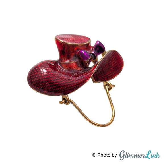 Vintage Red & Purple Enamel Hat Eyeglass Holder Brooch - Gold Tone - Picture 2 of 7